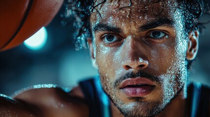 Close-up of a determined male basketball player with intense focus and sweat on face during a game