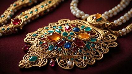 Obraz premium A traditional Indian necklace with intricate gold filigree and colorful gemstones, set against a velvet backdrop, perfect for Traditional Indian jewelry