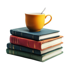Naklejka premium Stack of hardcover books with a yellow coffee cup and spoon on top, isolated on a white background, perfect for cozy reading scenes.