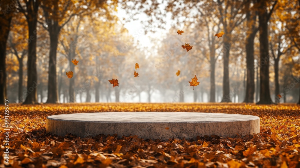 Poster a circular stone platform situated in a tranquil forest surrounded by vibrant autumn leaves
