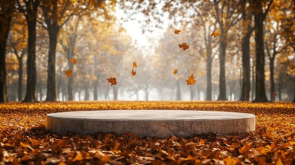 A circular stone platform situated in a tranquil forest surrounded by vibrant autumn leaves