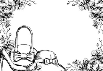 Fototapeta premium A frame with orchid flowers and women's accessories, a handbag, a hat, women's high-heeled shoes. Black and white vector graphics made by hand. Illustrations on a white background. Women's Day.
