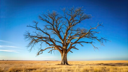 Fototapeta premium trunk, lonely, leafless, branches, A detailed description of the stock photo A dead and dry big tree stands tall against a clear blue sky background showcasing a minimalist aesthetic