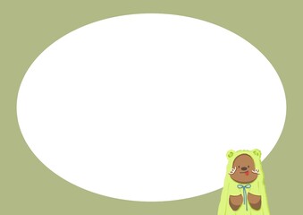 Fototapeta premium a cute teddy bear with green overcoat, green card frame, illustration paper template