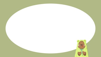 a cute teddy bear with green overcoat, green card frame, illustration paper template