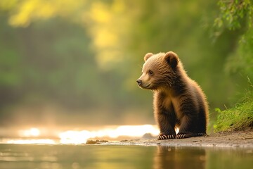 Obraz premium Brown bear cub sitting near water at sunset