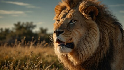 Majestic lion roaring under sunlight, fiery mane.