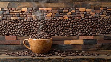 A cozy cup of steaming coffee surrounded by scattered beans on a beautifully textured wooden backdrop at sunrise