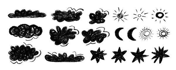 Cute crayon drawing kids style clouds, sun and moon, stars and rain drops. Hand drawn doodle clouds set collection with charcoal texture. Various pencil childish icons, weather elements