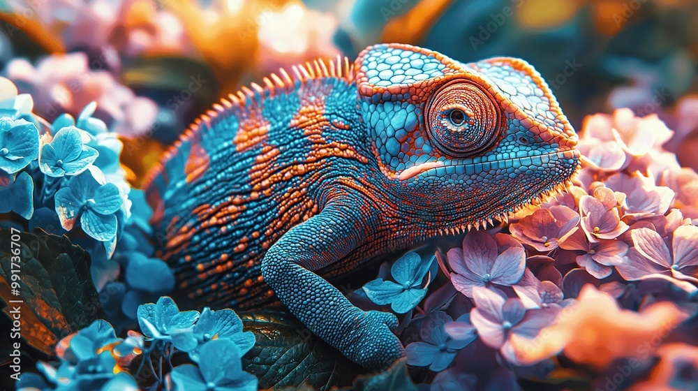 Sticker   A clear close-up of a blue and orange chameleon perched on a branch of blue and purple flowers, with a softly blurred background