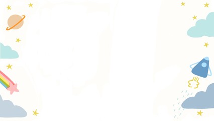 cute stars , little rainbow, blue cloud, spaceship, planet in sky , landscapes frame template.