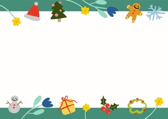 Fototapeta premium christmas stuff decoration ,snowman, gift, snowflake , flowers, gingerbread, christmas tree and garland with green frame, illustration paper card template