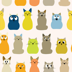 Seamless pattern with cute kitten print. Different scandy cats on color background. Scandinavian style illustration for kids. Vector illustration for fabric, textile, wallpaper, home clothing, pajama