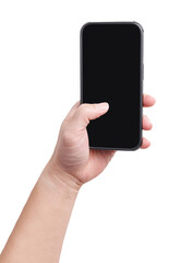 A hand holding a mockup smartphone with empty black screen for mobile app and advertisement mockup in various action. Isolated white background.
