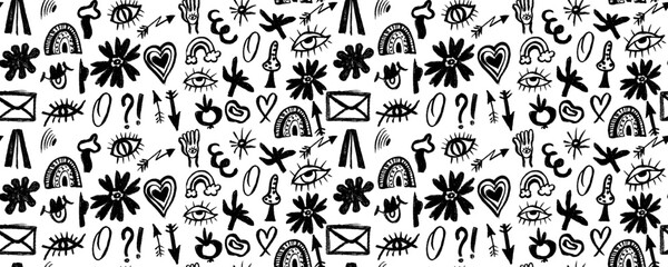 Seamless pattern with various geometric trendy shapes. Bold brush drawn objects ornament. Arrow, circles, eyes, swirls, asterisk and curved bold lines. Hand drawn abstract pattern.