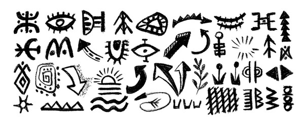 Fototapeta premium Vector set with african, mexican, indian elements, tribal shapes and textile ornaments. Traditional ritual shapes, ethnic circles and borders. Mystic symbols , folk shapes