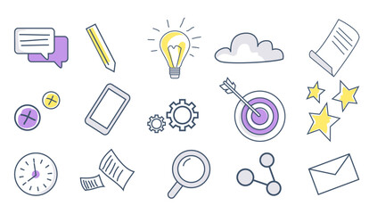 Featuring business icons like lightbulb, target, mobile phone, pencil, and gears in gray, yellow, and purple colors. For business planning, productivity, communication, innovation, and research