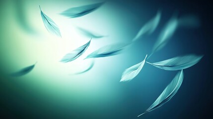   A sharp image of a flock of birds soaring in the sky, with feathers swirling around them