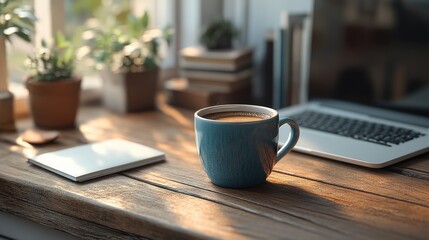 Cozy workspace with a steaming cup of coffee on a wooden desk surrounded by sunlight and lush green plants