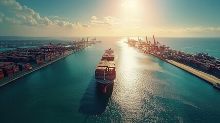 Naklejka premium Massive Cargo Ship Navigating Busy Port
