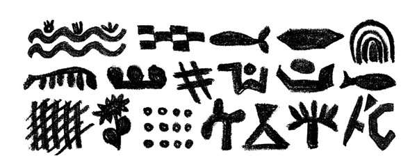 Collection with african, aztec pattern elements, symbols, icons, hand-drawn in doodle style. Set of abstract african tribal geometric shapes. Ancient ethnic traditional symbols and ornate signs.
