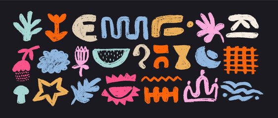 Set with african, aztec pattern elements, symbols, icons, hand-drawn in doodle style. Set of abstract african tribal geometric shapes, ancient ethnic traditional symbols and ornate signs.