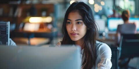 Female professional working on a computer at a startup, handling emails or acquiring web design skills on a laptop in a tech office environment