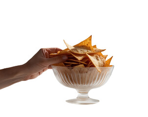Hand Picking Nachos from a Glass Bowl on Transparent Background