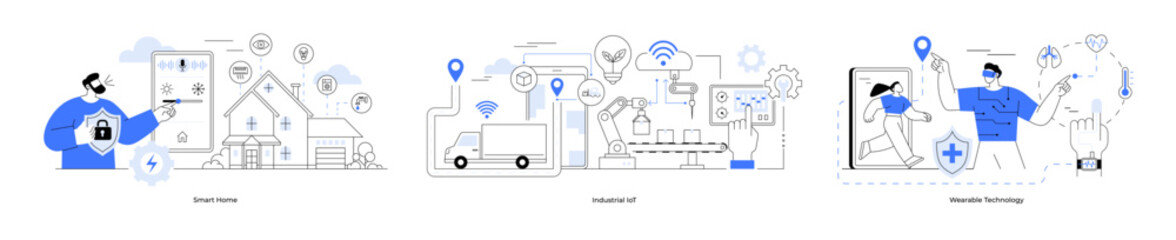 Smart home, wearable technology, industrial Iot. Smart home control, industrial IoT systems, and wearable tech monitoring. smart homes IoT devices, smart factories, health tech and cloud integration