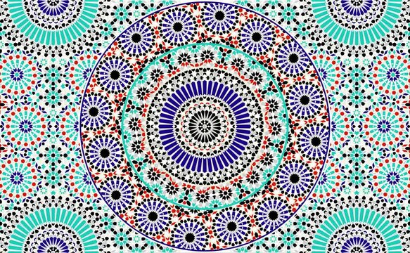 Moving hypnotic Arabic pattern mosaic video illustration, on a mosaic background. Seamless spiral and slow rotation. Red, blue and turquoise colors. Video animation vector 4K  