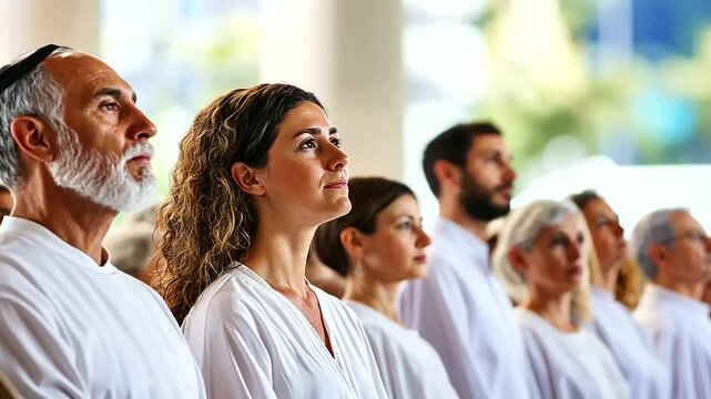 A congregation standing together in prayer during Yom Kippur services. Individuals of all ages are focused on their personal reflections, dressed in white as a symbol