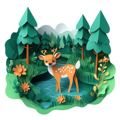 Naklejka premium Whimsical paper art illustration of a deer in a lush forest with flowers and trees by a serene pond.