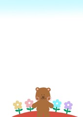 happy teddy bear with colorful flowers and sky border template, cartoon illustration frame card for work and children work project decoration, A4 size background.