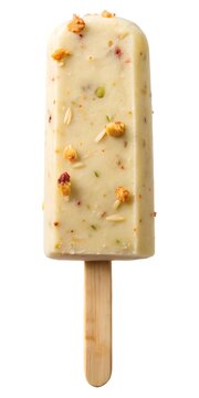 Zafrani Kulfi Bar Served on a Wooden Stick with a White Background