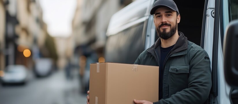 Smiling young male postal delivery courier man in front of cargo van delivering package