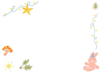 pink bunny with party hat and star, mushroom , and light decorate for party invitation card, illustration border template for birthday, christmas, easter work decoration