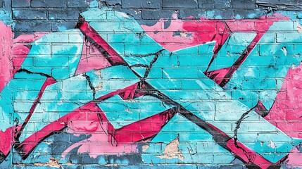   A blue-pink abstract mural graces a brick wall near a building