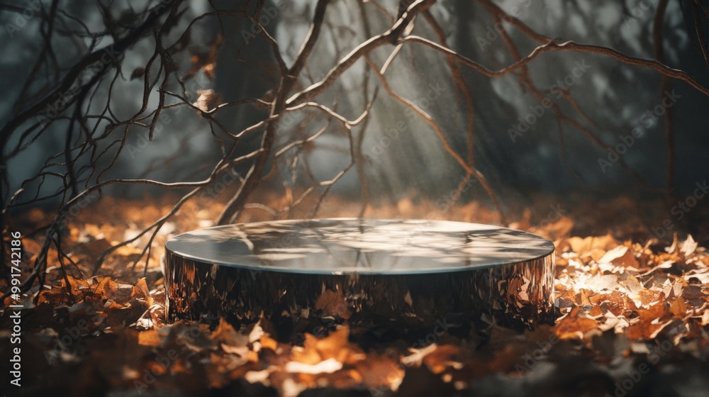 Poster In a peaceful forest clearing, sunlight streams through trees, illuminating a reflective surface resting on a carpet of autumn leaves. Twisted branches create an enchanting, tranquil atmosphere.