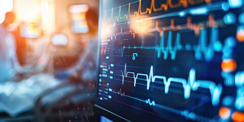 ECG in a critical care setting with medical staff attending to a patient. Background featuring heart rate monitor and healthcare technology displays