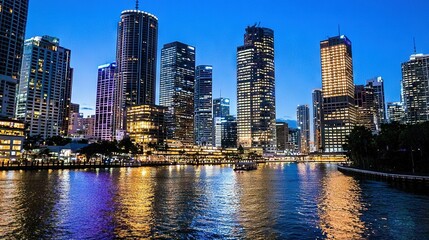 Naklejka premium A vast expanse of water with towering edifices behind it and a vessel upfront