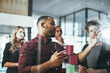 Sticky notes, serious and brainstorming of group, office and collaboration of employees for stock market. Discussion, trader and people with ideas, ambitious and planning for investment opportunity
