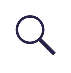 A simple dark blue magnifying glass on a white background. Ideal for search functions, discovery, exploration, research, and investigating tools. Clean design suitable for user interface elements