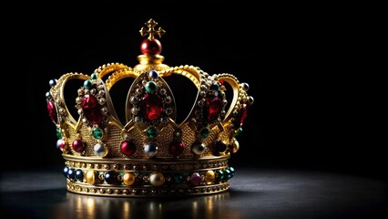 Royal coronation crown resting on a black background in a long shot, royal, ceremony, majestic, symbol, royalty, traditional, historical, gemstones, vintage, crown, gold, monarchy, gemstones