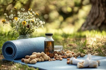 A serene outdoor yoga scene. The soft blue mat lies on the grass. Surrounding elements include nuts, a bottle of oil, and lovely flowers. Perfect for relaxation and wellness. Generative AI