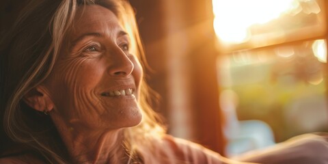 Fototapeta premium Elderly woman enjoying a cheerful morning at home, radiating happiness and health while relaxing in her living space filled with sunlight
