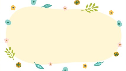 little blue pastel flowers and green leaves on yellow frame border background, illustration paper template, presentation  size background.