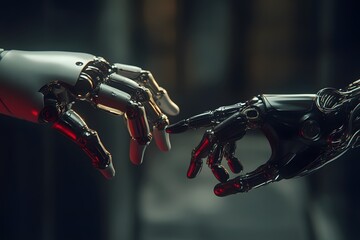 Two Metallic Robotic Hands Reaching Towards Each Other