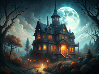 A spooky castle in a shadowy, magical setting with a Halloween vibe. The Haunted Mansion in the Fog