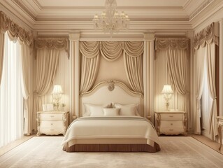 Classic Beige Bedroom with Wooden Furniture and Drapes