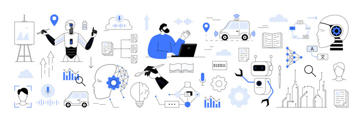 Deep learning, neural networks, natural language processing. AI neural networks, natural language, autonomous cars, chatbots data visualization. Topics of AI, machine learning, robotics, big data, NLP